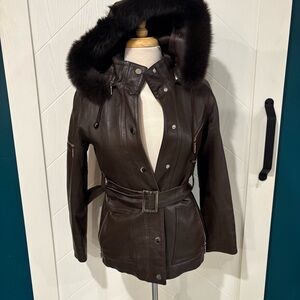 Luxury Chocolate Brown Genuine Sheepskin Leather Fox Fur Trim/XS/ classic jacket